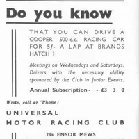 Inzerát lákající na placené jízdy v Brands Hatch, 1953.