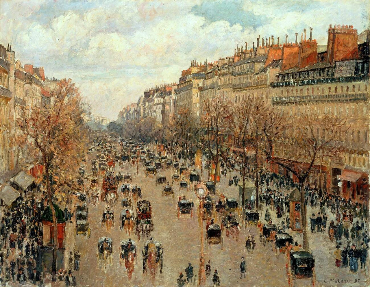 Paříž v období La Belle Époque, obraz Boulevard Montmartre od Camille Pissaro, zdroj: Wikipedia